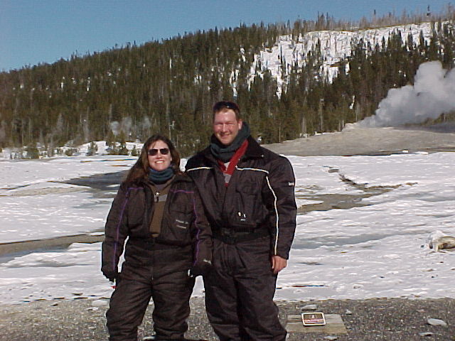 Bob & Fishgal with Old Faithful Geyser, Yellowstone National Park.