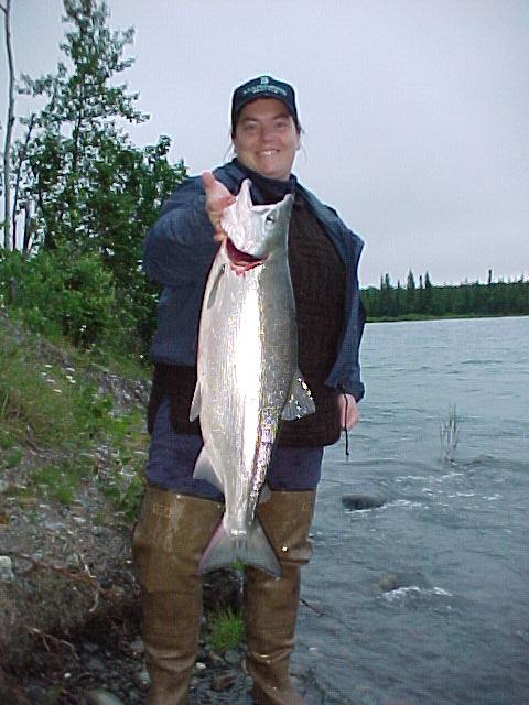 Fishgal grabs a spot on a middle Kenai trip to do a stashing for our smoker!