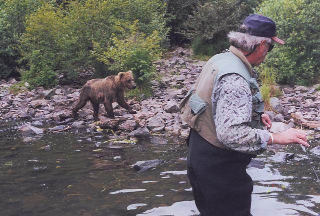 Just to prove that some of the bear shots aren't with telphoto lenses, this is often how close you will fish to them on your fly