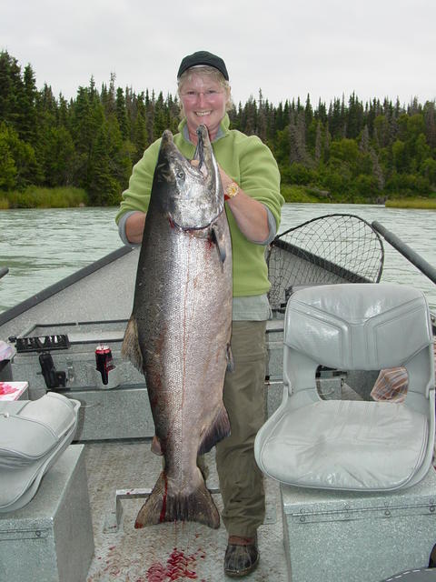 Mrs. C shows off one of her many Kasilof kings she's caught over the years.